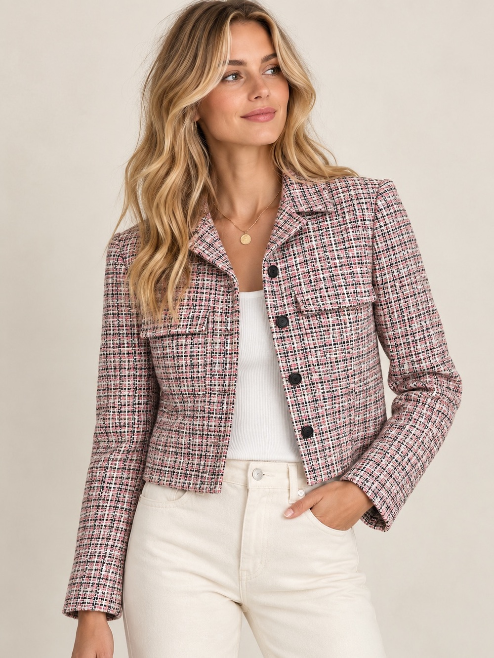 Theory Pink & White Tweed Cropped Blazer - Picture 7 of 7